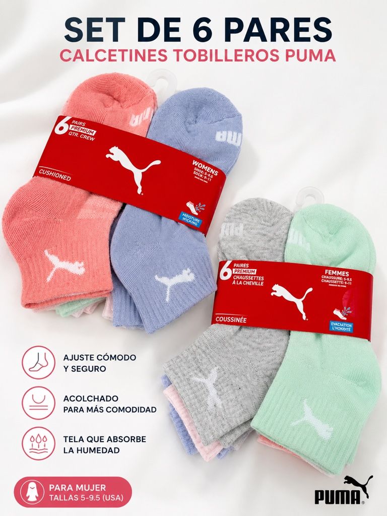 Calcetines Tobilleros Puma para Mujer – Paquete de 6 Pares 💖