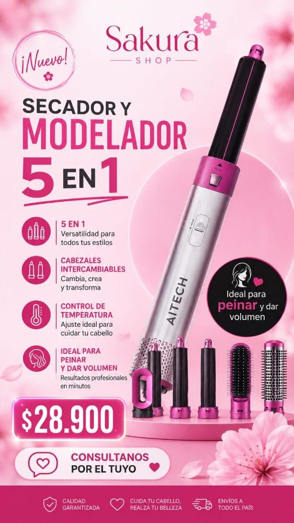 Aitech secador modelador 5 en 1 rosa