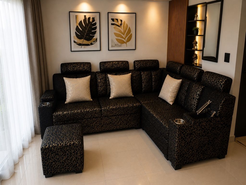 Sala Esquinera Premium – Elegancia en Negro y Dorado
