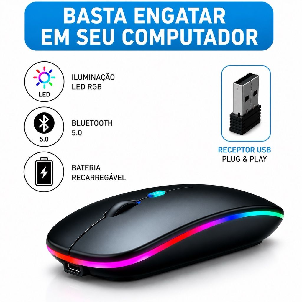 🖱️ Mouse Sem Fio Recarregável RGB Bluetooth 5.0