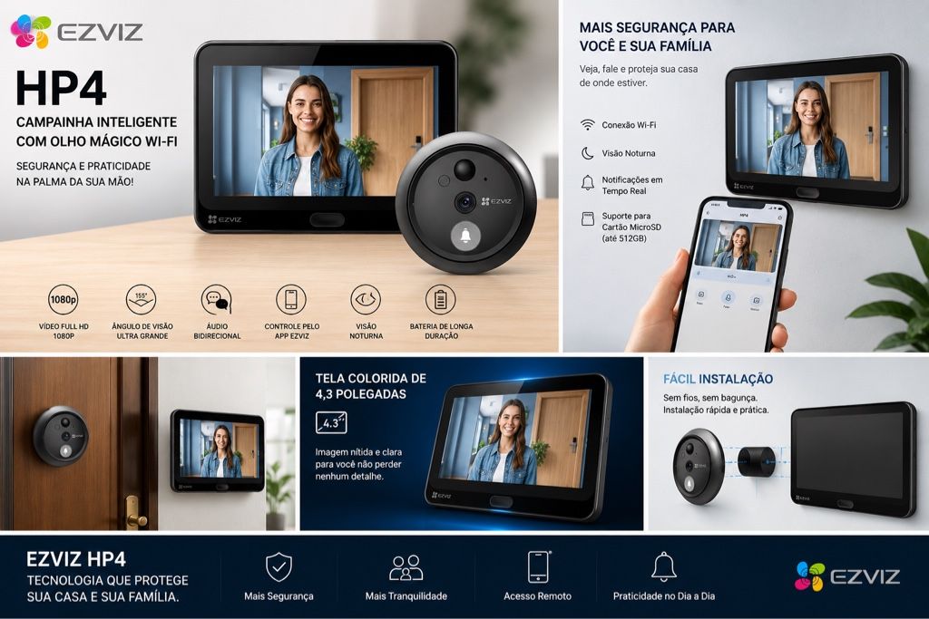 Campainha Inteligente Wi-Fi EZVIZ HP4 com Olho Mágico Digital e Tela 4,3” Full HD