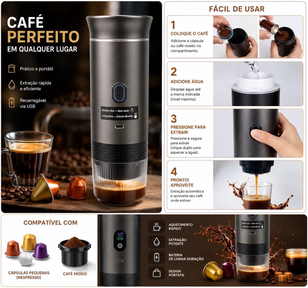 Máquina de Café Expresso Portátil 3 em 1 USB-C Recarregável Compatível com Cápsulas e Café Moído