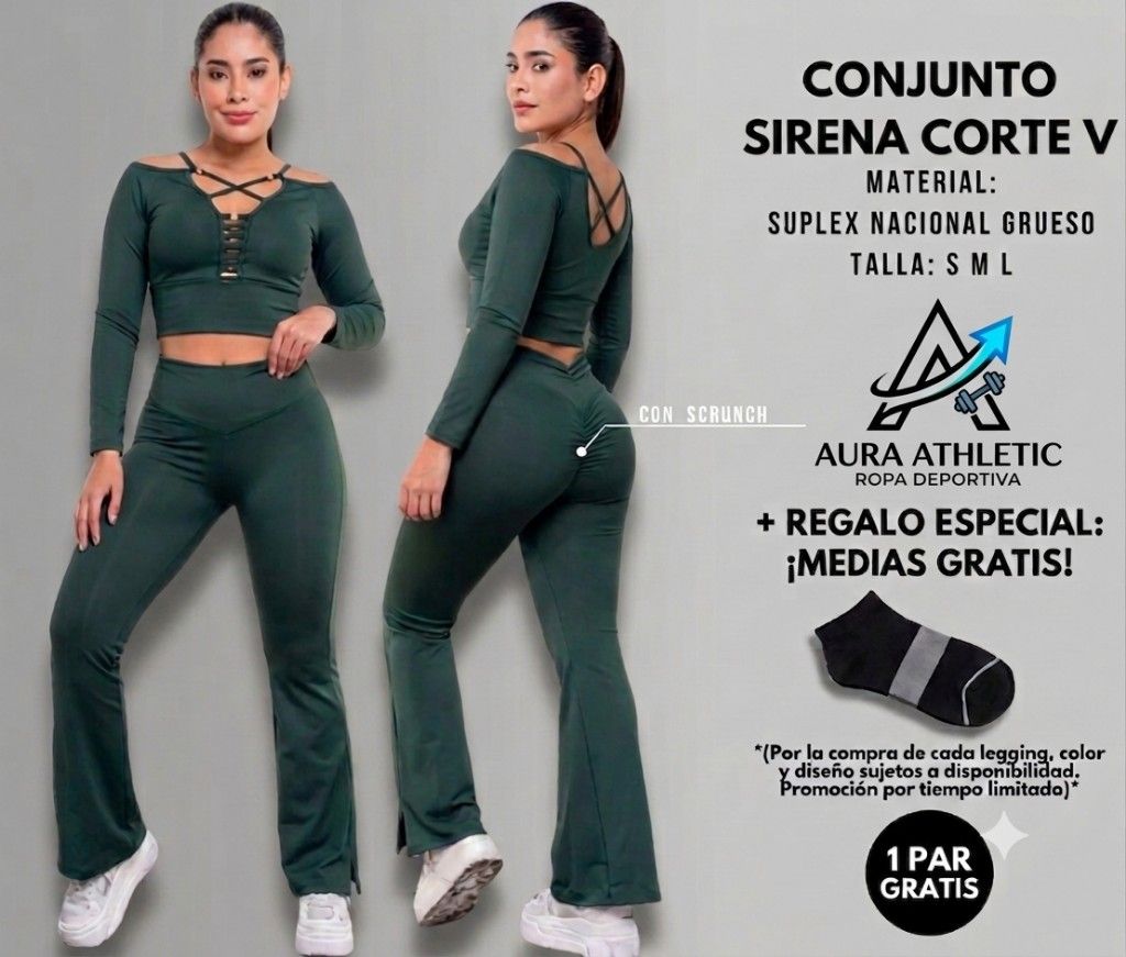 CONJUNTO DE 3 PIEZAS LEGGING SIRENA CORTE V + TOP  + MEDIAS