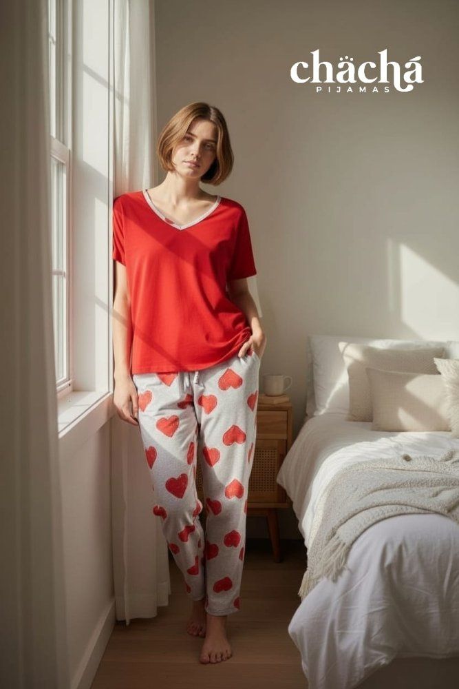 *Pijama Mujer roja corazones manga corta TS
