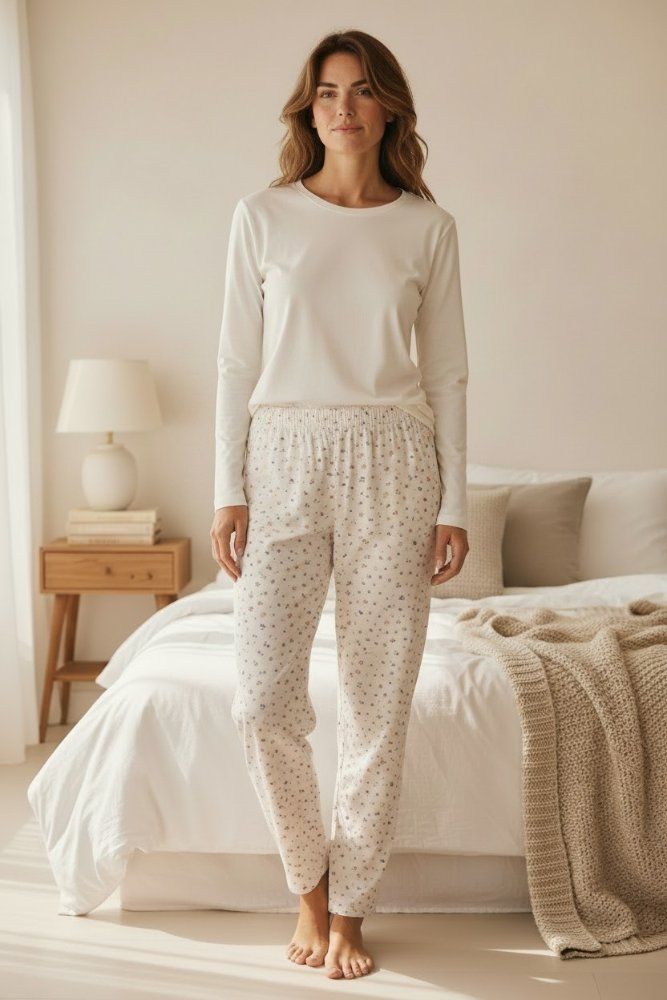 *Pijama Mujer perla con pantalón flores manga larga TL TM TS