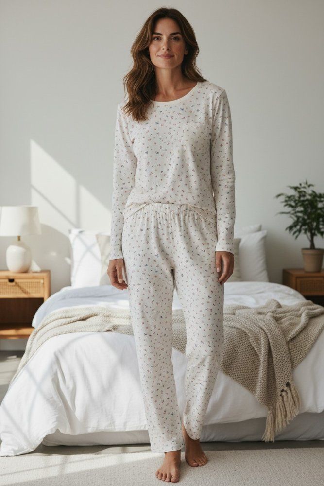 *Pijama Mujer perla con flores manga larga TL