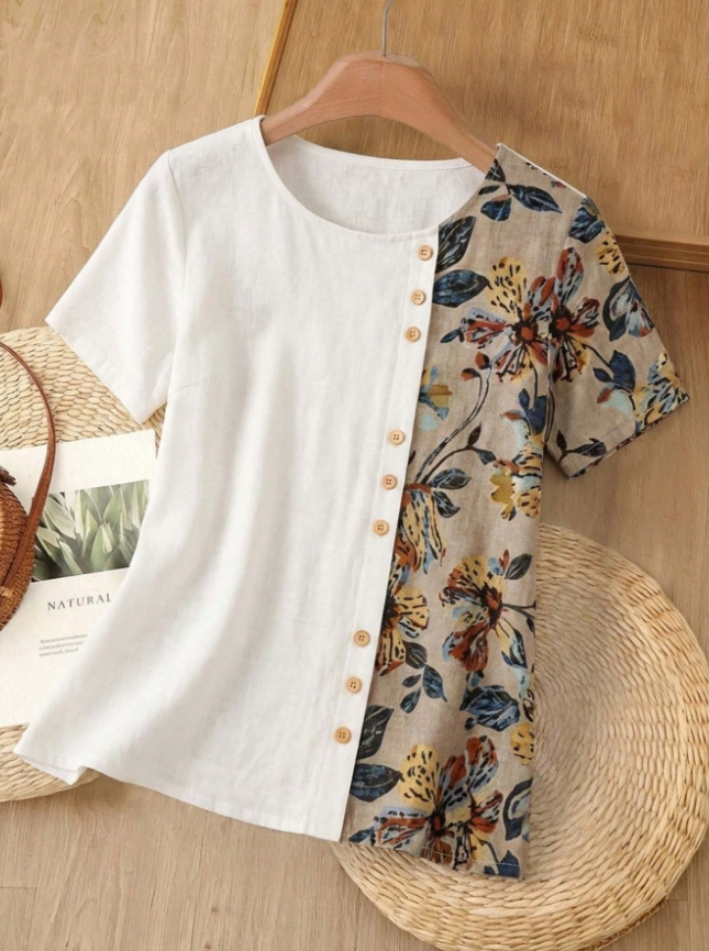 Blusa L casual manga corta con botones laterales y estampado frontal