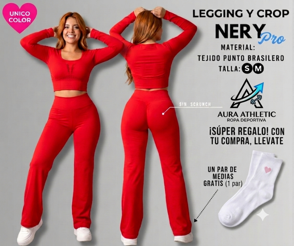 CONJUNTO DE 3 PIEZAS LEGGING BAGGY NERY + CROP FAJERO MANGA LARGA + MEDIAS DEPORTIVAS